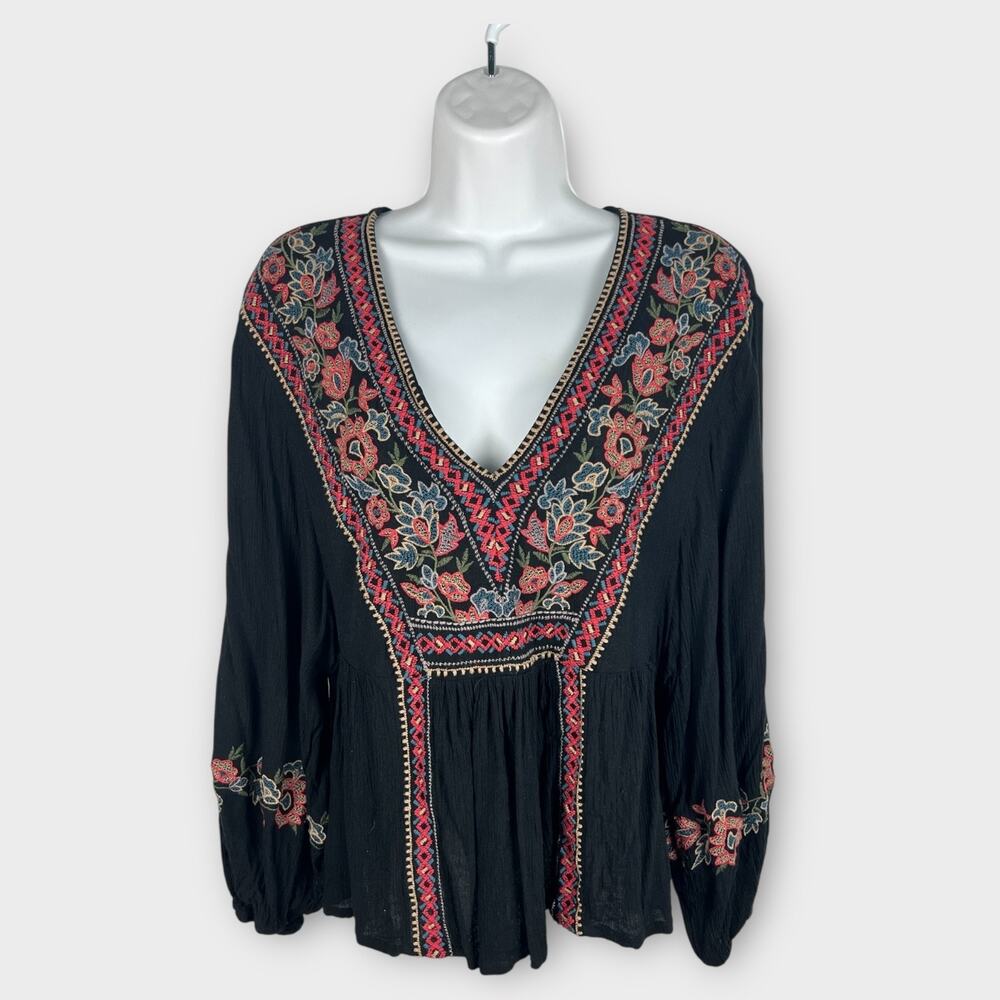 American Eagle Embroidered Peasant Blouse Boho Cottagecore Black Small